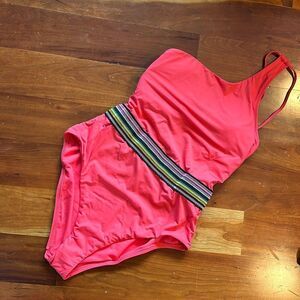 Amavi hot coral one shoulder one piece with belt detail